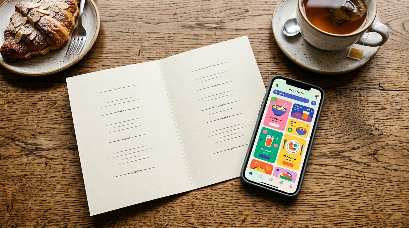 منوی کاغذی و گوشی با منوی دیجیتال کنار هم روی میز کافه