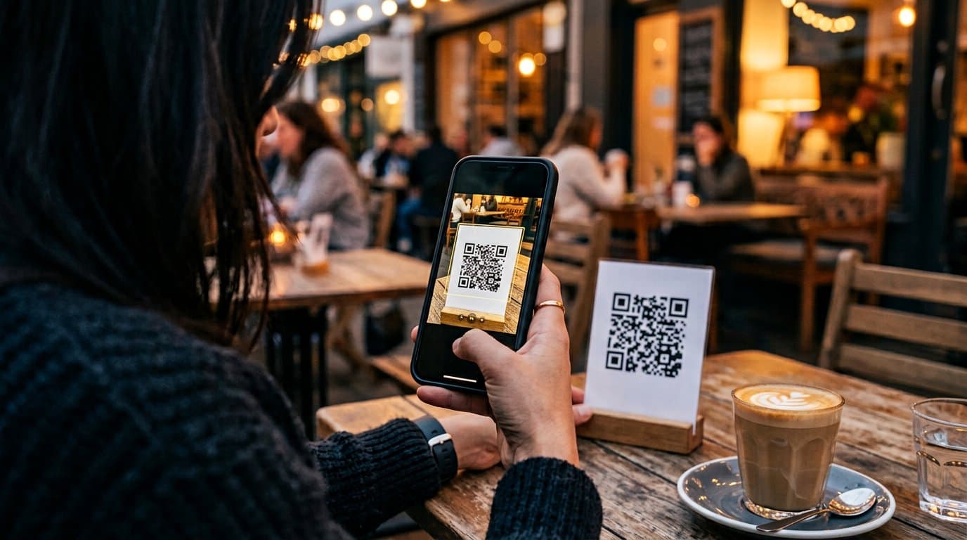 مهمان دوربین گوشی را روی کد QR میز گرفته است